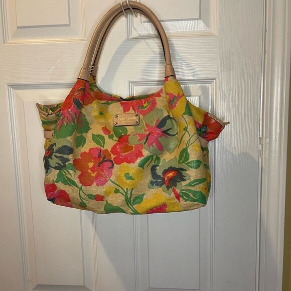 Kate Spade Burlap painted floral prints shoulder bag tan leather straps &trims - Picture 2 of 16